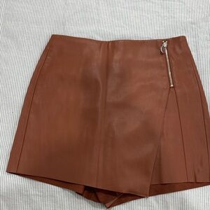 Brown Faux Leather Skort with Zipper Detail